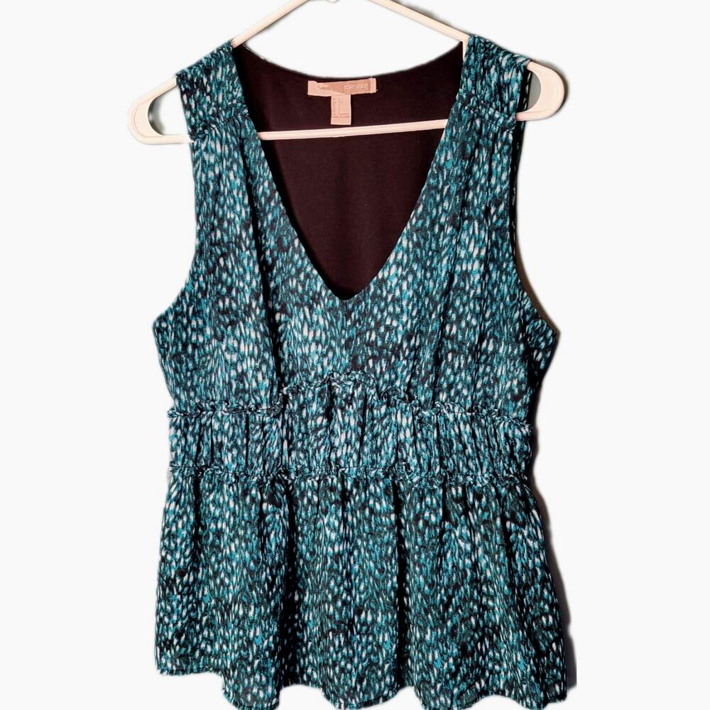 Forever 21 Green Teal Abstract Watercolor Ruffle V-Neck Sleeveless Top sz L